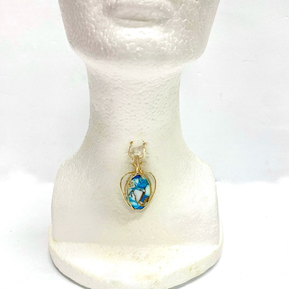 HANDCRAFTED Blue Dahlia Cabochon Hand Wrapped Pendant, Artisan Jewelry Gift Her - Picture 2 of 9